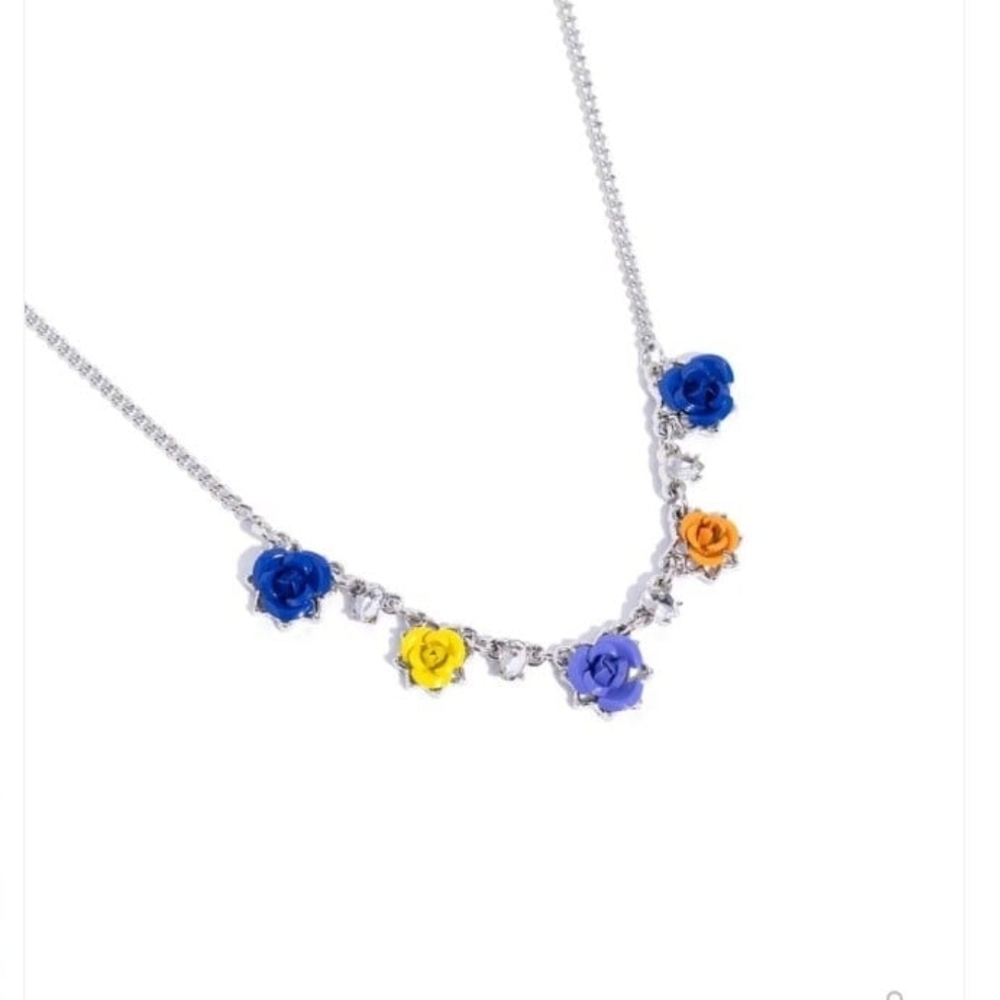 Paparazzi Silver Necklace with Blue, Yellow, Orange Roses Strike a Rose Multi